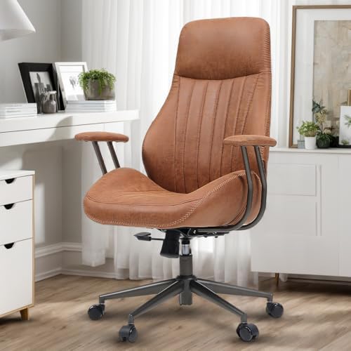 High Back Home Office Chair, Mid Century Vintage Executive Chair,Comfy Ergonomic Rolling Office Task Chair with Lumbar Support,Brown Faux Leather Office Chair,Brown by Eco-ChicLivingBeautifullyAffordable