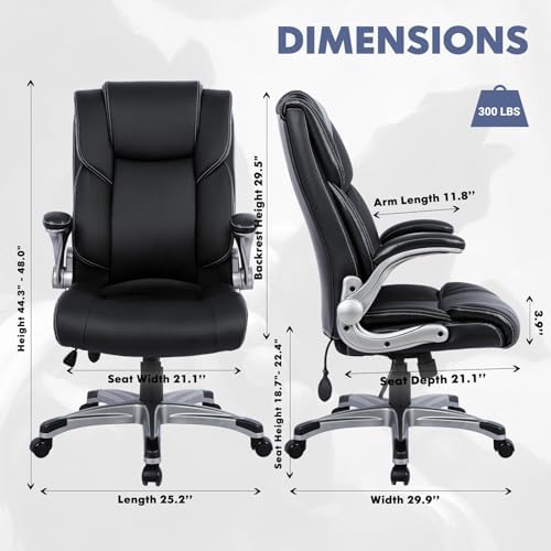 COLAMY High Back Executive Office Chair - Padded Leather Ergonomic Computer Desk Chair with Inflatable Lumbar Support & Flip-Up Arms, Adjustable Tilt Lock Swivel Task Chair for Home Office, Black - Image 3