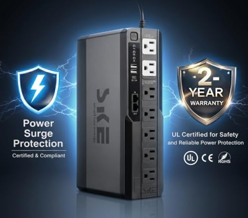 SKE VL625 625VA/360W UPS Battery Backup and Surge Protector - Uninterruptible Power Supply with AVR, 7 Outlets, USB and Type-C Charging, RJ45 Port for Computer, Router, Modem, and Home Office Devices - Image 5