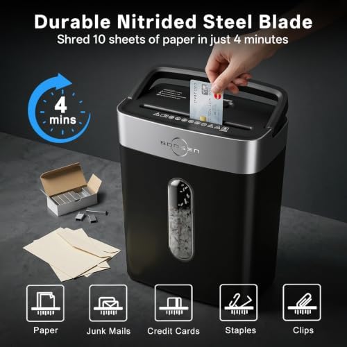 BONSEN Paper Shredder for Home Office P4 Cross Cut 10-Sheet Portable Handle - Image 3