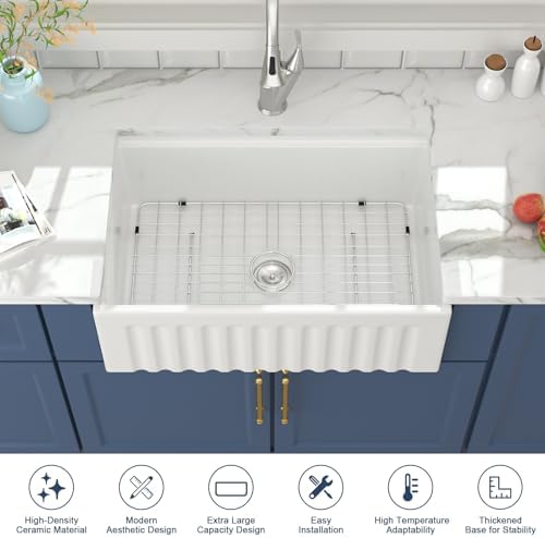 Lordear 33 White Farmhouse Sink Workstation Porcelain Farm Kitchen Sinks White Single Bowl Basin 33x20x10 Inch Large Bowl Sink - Image 4