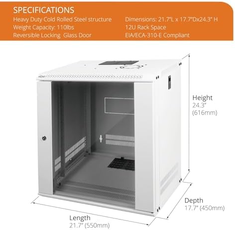 Tecmojo 12U Wall Mount Rack Network Cabinet for 19" IT Equipment,with Lockable Glass Door and Side Panels,Cooling Fan,17.7inch Depth,White - Image 2
