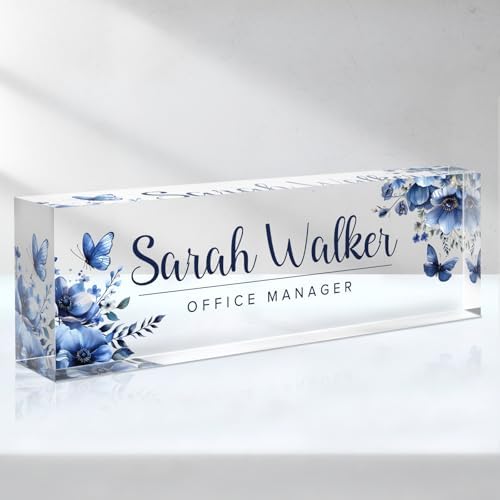 Desk Name Plate Personalized, Custom Name Plates for Desks, Office Desk Decor, Flowers Clear Acrylic Glass Block, Personalized Office Gifts for Women Men Boss Teachers Coworkers Appreciation Gifts by SalaGraphics