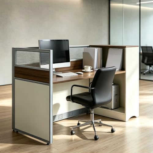Modular Office Cubicle Workstation Desk with Privacy Panels and Cable Management,Long Computer Desk for Commercial Workspace, Sound Dampening Partition Wall (White+Walnut, 59IN) - Image 6
