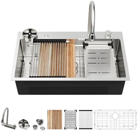 33 Inch Drop In Workstation Waterfall Kitchen Sink with Accessories - Image 2