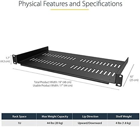 StarTech 1U Vented Rack Shelf, 10in Deep, 44lb/20kg (CABSHELFV1U) - Image 2