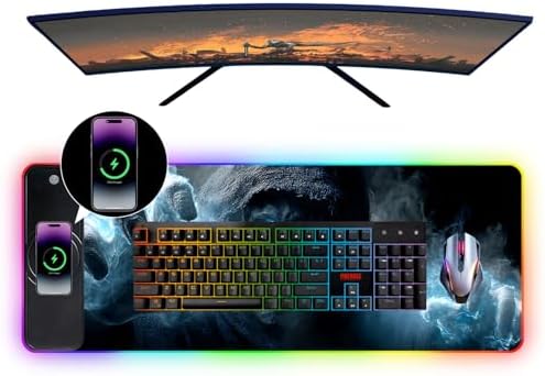 Wireless Charging RGB Gaming Mouse Pad, 31.5 x 11.8 Inch Extended Mouse Mat with Dark Skull Design, LED Desk Pad with 7 Lighting Modes, Non-Slip Base for Gaming & Office - Image 4