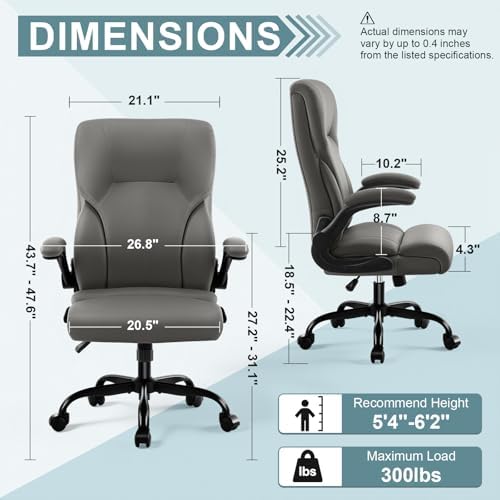 Executive Office Chair,High Back Ergonomic Comfy Desk Chair with Padded Flip-up Armrests and Wheels,PU Leather Heavy Duty Computer Swivel Rolling Task Chair for Home Office,Adults,Gray - Image 3