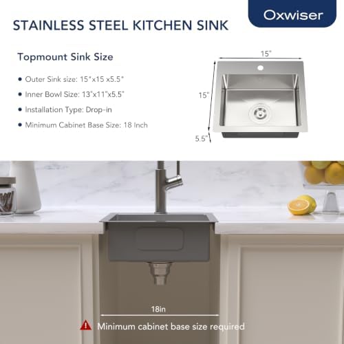 15 inch Drop in Bar Sink Outdoor Prep RV Wet Bar Sink 16 Gauge Stainless Steel Single Bowl Topmount Small Kitchen Sinks - Image 6