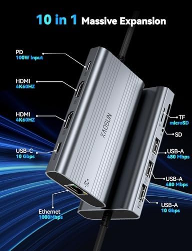 XAOSUN USB C Docking Station 4K@60Hz Dual Monitor, 10 in 1 USB C Hub, Grey - Image 2