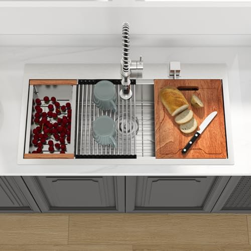 Lordear 36 Drop In Kitchen Sinks Worktation 16 Gauge Stainless Steel Single Bowl Ledge Worktation 36x19 Inch Topmount Overcounter Handmade Kitchen Sink Basin With Cutting Board - Image 2
