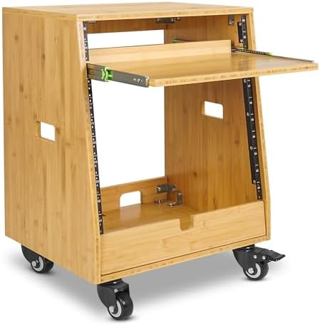 Sound Town DIY Slanted 10U Studio Rack (2U Top + 8U Lower) with Slide-Out Tray, 2U Bottom Storage & Casters, Solid Carbonized Bamboo Audio Equipment Rack for Recording Room & Home Studio (STBR-ST10T) by SOUNDTOWN