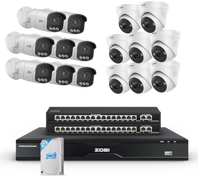 ZOSI 32CH 4K PoE Security Camera System,16 x 8MP Full Color Night Vision Outdoor PoE Cameras,Person Vehicle Detection,Spotlight Siren,2 Way Audio,32CH Business NVR with 4TB HDD for 24/7 Recording by ZOSI