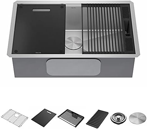 DELTA FAUCET Rivet 30-Inch Workstation Kitchen Sink Undermount 16 Gauge Stainless Steel Single Bowl with WorkFlow Ledge and Chef’s Kit of 6 Accessories, 95B931-30S-SS by Unknown