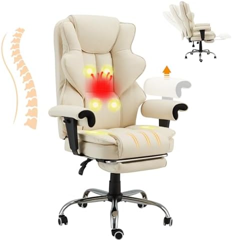 HOMREST Heated Massage Executive Office Chair with Foot Rest,Off White by HOMREST