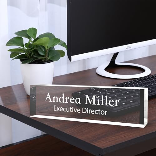 Name Plate for Desk, Office Table Plate Personalized, 8 inch x 2.5 inch Acrylic Desktop Accessories, Office Gifts for Coworkers Boss Teacher, Employee Appreciation Gifts, Professional Desk Name Title by GUDWING