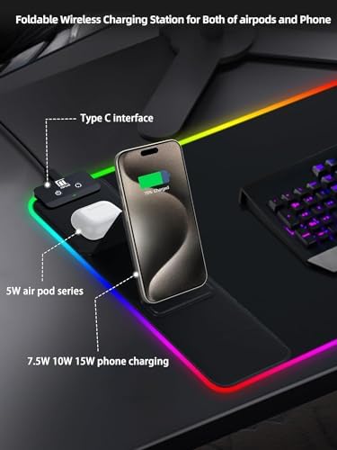 XXL Mouse Pad with Phone Holder - Black, RGB Desk Mat with 15W Fast Charging, LED Gaming Mousepad with 11 Light Colors, Waterproof Non-Slip Pad for Office & Home - Image 4