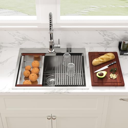 Sarlai 25 Kitchen Sink Drop-In Workstation - 25 x 22 Inch Topmount Ledge Stainless Steel 16 Gauge Single Bowl Over Counter for Kitchen, Laundry, Utility Room by Sarlai