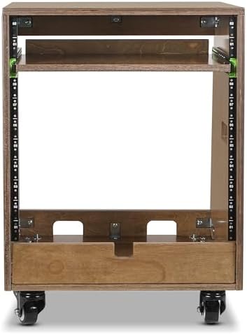 Sound Town DIY Slanted 10U Studio Rack (2U Top + 8U Lower), with 2U Bottom Storage, Slide-Out Tray, Caster, Plywood, Weathered Brown for Recording Room, Home Studio (SDRK-ST10TB) - Image 3