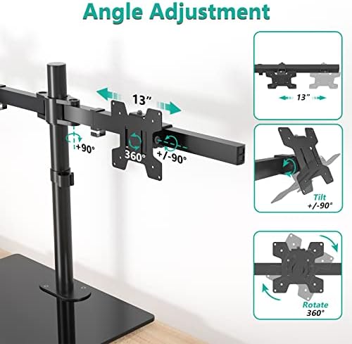 WALI Free Standing Dual Monitor Stand, Height Adjustable Monitor Mount with Glass Base, Fits LCD LED Flat Curved Screen up to 32 inch, 22lbs, with Grommet Base (GMF002) - Image 3
