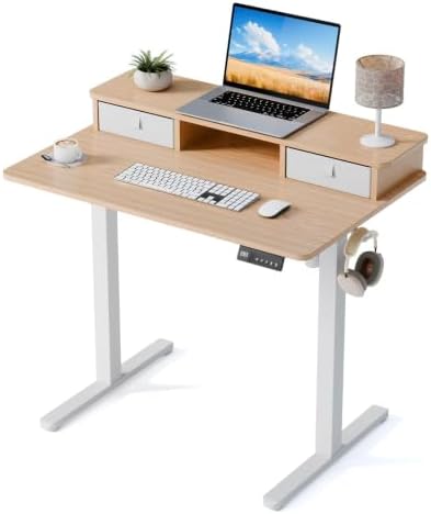 35" x 24" Electric Standing Desk with Dual Drawers, Light Walnut by YOLEZO