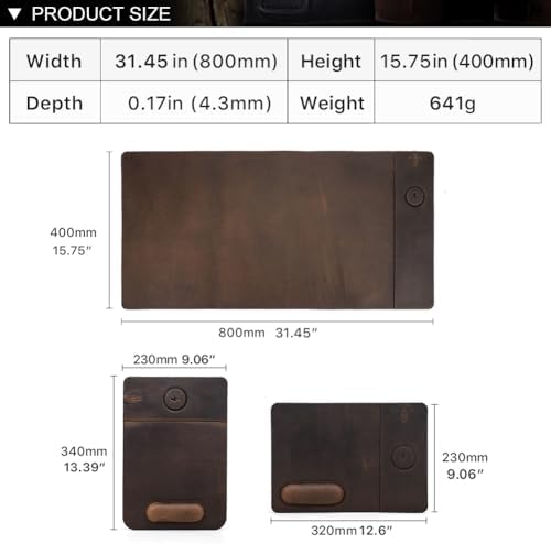 Hiram Crazy Horse Leather Desk Mat with 15W Wireless Charging - Waterproof and High-End Cowhide Texture for a Comfortable Office Experience(31in x 16in) - Image 3