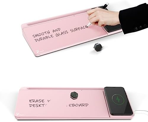 TOWON Glass Desk Whiteboard 17x6 in, Wireless Charger and Storage, Pink - Image 6