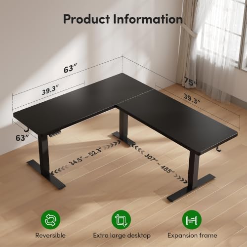 FEZIBO Triple Motors 25mm Tabletop L Shaped Standing Desk, 75" X 63" Electric Standing Gaming Desk Adjustable Height, Corner Stand up Desk with Splice Board, Black Frame/Black Top - Image 2