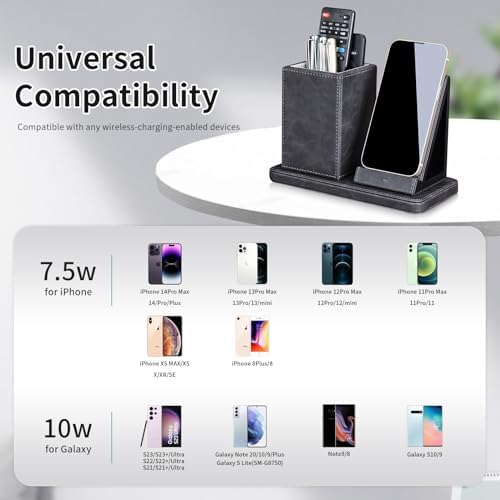 Wireless Charger with Desk Organizer, Wireless Charging Station for iPhone 13/13 Pro Max/13 Pro/12 Series/11/XS Max/XR/X/8Plus/SE 2, Wireless Charging Stand with Leather… (Gray) - Image 3