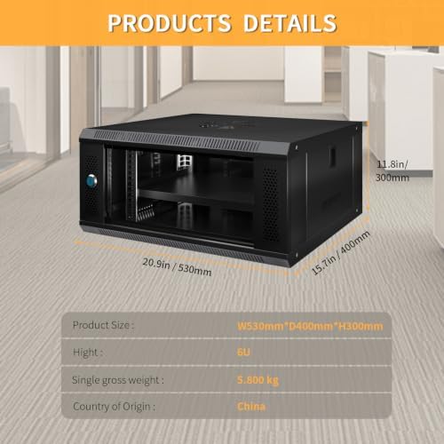 6U Wall Mount Server Cabinet IT Network Rack Enclosure Lockable Glass Door Server Rack Cabinet Black - Image 2