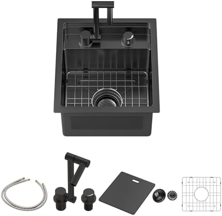 Sarlai Black Outdoor Sink, 15x17 Inch Undermount Kitchen Sink Workstation with Foldable Faucet Bar Prep Single Bowl Gunmetal Black 16 Gauge Stainless Steel Sinks with Cover,BBQ Sinks Outside by Sarlai