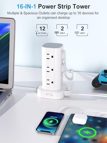 6FT Power Strip Tower Surge Protector, 12 Wide Spaced Outlets, 4 USB - Image 2