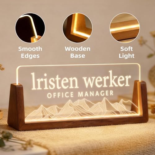 Personalized Light Up Acrylic Desk Name Plate - Custom Name Plate for Desk with Walnut Wood Base - Appreciation Office Gifts for Employees, Teacher, Social Worker (Mountain) - Image 7