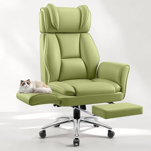 Big and Tall Office Chair, Flip Armrests for Pets & Cross Legged Sitting, Ergonomic Leather Executive Desk Chair with Foot Rest, High-Back Reclining Computer Chairs for Home Office Gaming, Green by Fidom