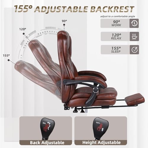 Big and Tall Office Desk Chair, Executive Office Chair with Foot Rest, PU Leather Comfy Reclining Office Chairs for Heavy People, Wide Ergonomic High-Back Computer Chairs, Brown - Image 4
