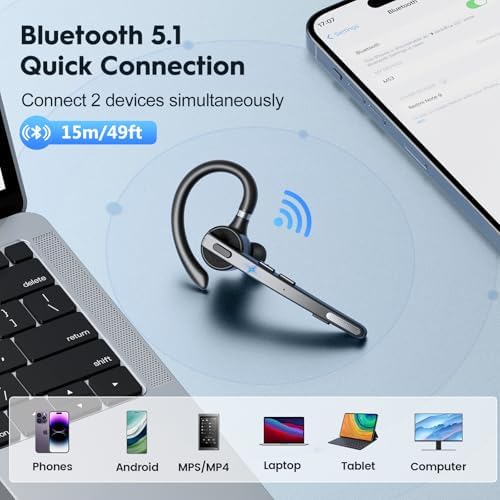 New Bee Bluetooth Headset, 72H Talktime Wireless Bluetooth Earpiece for Cellphone with 500mah Charging Case V5.1 Dual Mic Noise Cancelling Hands-Free Earphones for Office Driver - Image 5