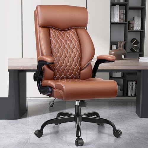 High Back Executive Office Chair - Ergonomic Computer Desk with Rocking Function, Leather Managerial with Adjustable Flip-Up Armrests and Lumbar Support by Bestglory