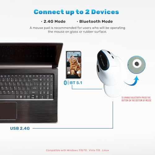 J-Tech Digital Wireless Mouse, Vertical Ergonomic Mouse with Bluetooth Dual Modes + USB Dongle + Rechargeable w/ 2.4GHz Wireless + Adjustable DPI 3200 for Laptop, Desktop, PC, Mac [V638W], White - Image 5