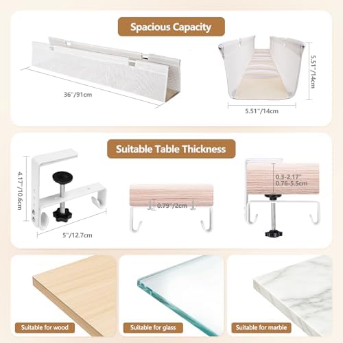 SHUWEI 35.6" Under Desk Cable Management Tray, Mesh, No-Drill Mount, White - Image 6