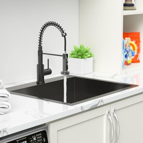 Sarlai Laundry Sink with Faucet Drop In 25"x22"x12" Deep Black Laundry Utility Kitchen Sink Drop-in Topmount Single Bowl Sink 16 Gauge Stainless Steel Gunmetal Black Kitchen Laundry Room Sinks - Image 3
