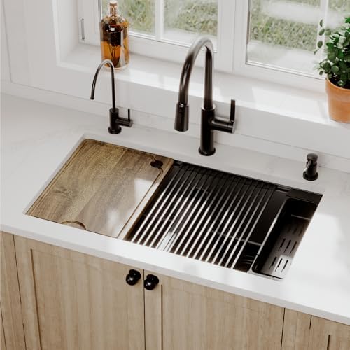 Karran 32.5 Inch Undermount Quartz Composite Workstation Kitchen Sink, 50/50 Double Bowl Low Divide with Color Matched Accessories, Cutting Board, Drying Mat, Colander & Strainers Black - Image 2