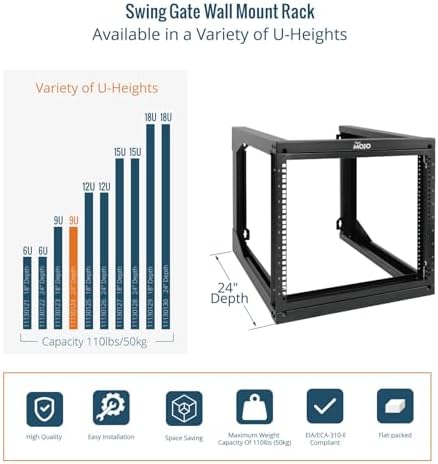 Tecmojo 9U Rack Wall Mount with Swing Gate, 9U Server Rack for 19inch Computer/AV/Data/IT/Media Equipment, Open Frame Server Rack with 24inch Depth, Square&Tapped Holes - Image 5