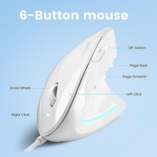 Perixx PERIMICE-513W Wired Ergonomic USB Mouse - 6 Buttons with 1000/1600 DPI - Vertical Right-Handed Design - White - Image 5
