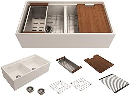 BOCCHI Contempo Workstation Apron Front Step Rim Fireclay 36 in. Double Bowl Kitchen Sink with Accessories in Matte White by BOCCHIKitchenandBath