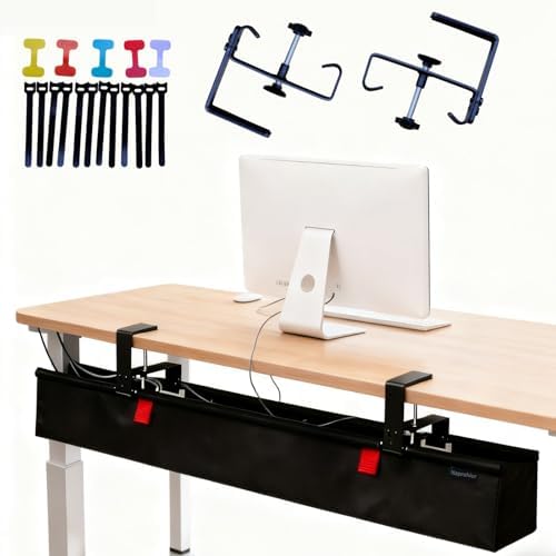 Under Desk Cable Management Tray, 48" Extra Large No Drill Cord Organizer with Easy to Clean Oxford Fabric, Clamp On Power Stripe Holder for Office, Home Office & Gaming Space by Naprohiur