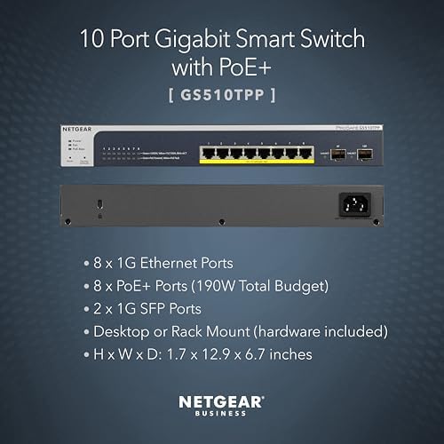 NETGEAR 10-Port PoE Gigabit Ethernet Smart Switch (GS510TPP) - Managed, with 8 x PoE+ @ 190W, 2 x 1G SFP, Desktop or Rackmount - Image 2