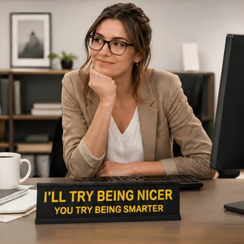 Funny Desk Sign for Office, Black Yellow Nameplate, Try Being Nicer - Image 2