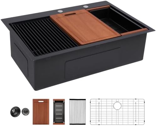 Sarlai 33 Matte Black Drop-In Kitchen Sink Workstation - 33x22 Inch Drop Kitchen Sink with Ledge NANO-Tech Black Topmount Round Corner 16 Gauge Stainless Steel Single Bowl Sinks Basin by Sarlai