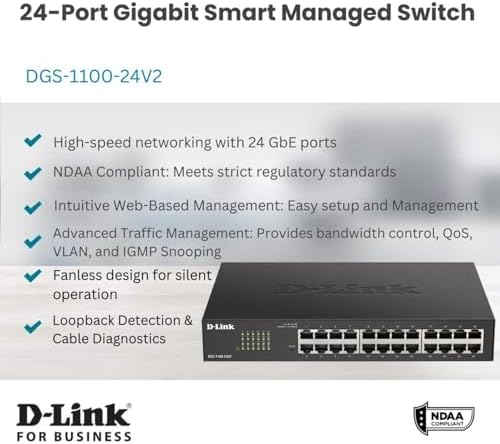 D-Link 24-Port Gigabit Smart Managed Ethernet Switch, L2, VLANs, QoS, IGMP Snooping, LAG, Web UI, Desktop/Rackmount, Fanless, Follows NDAA/TAA, Lifetime Product Coverage (DGS-1100-24V2) - Image 2