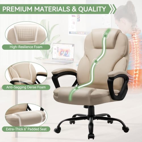 Ergonomic Office Chair with High Back, Comfy Desk Chair, Adjustable Executive Office Chair for Home Office, Big and Tall Computer Chair Heavy Duty, 360° Swivel, Faux Leather White - Image 4
